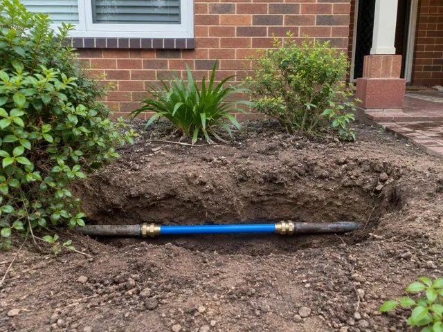 Exposed repaired water pipe in a dirt trench beside a brick house in Kogarah