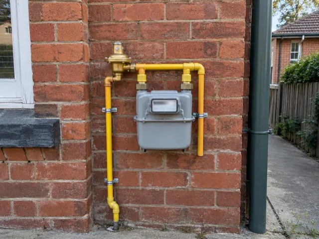 Gas meter and yellow pipework on a brick exterior wall beside a driveway in Tempe